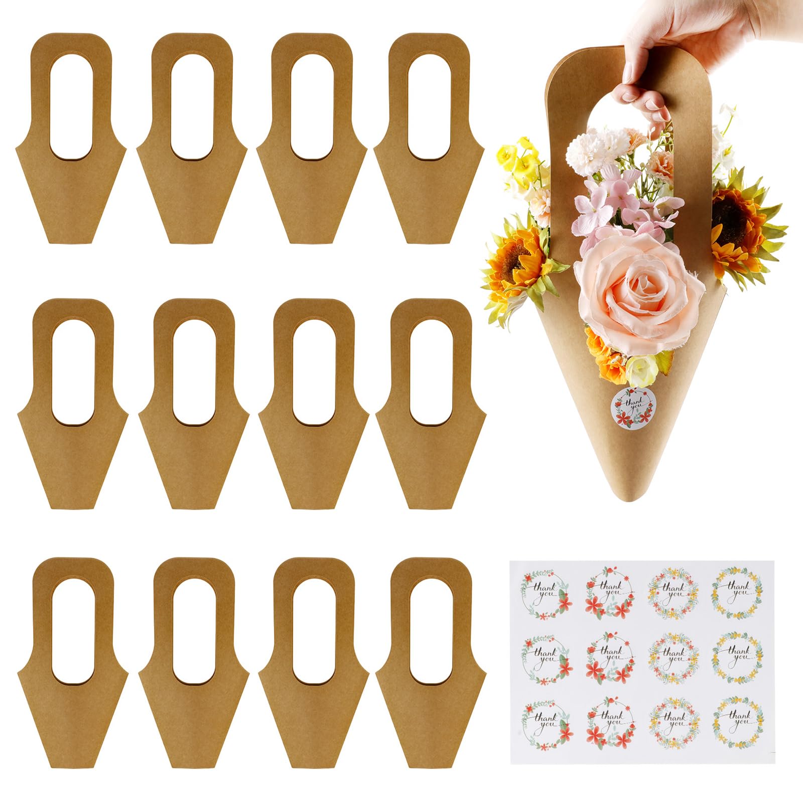 Ufurty 12 PCS Flower Bouquet Bags with Handle and THANK YOU Sticker, Kraft Paper Flowers Gift Bags Creative Cone Flower Sleeves Wrapping Paper Bags