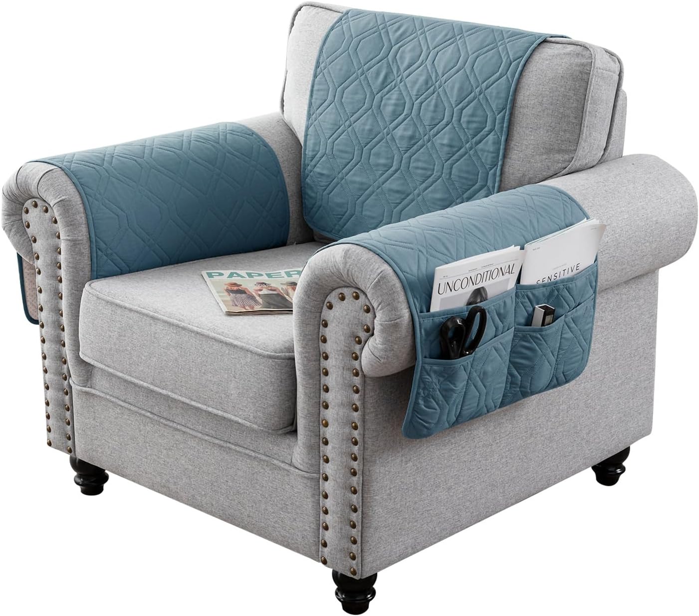 Chair Arm Covers for Living Room Sofa Arm Covers Armrest Slipcover Headrest Covers for Recliner Chair Armrest Cover for Nonslip Furniture Protector Couch Sofa (Grey Blue,2 Seat 4 Piece Set)
