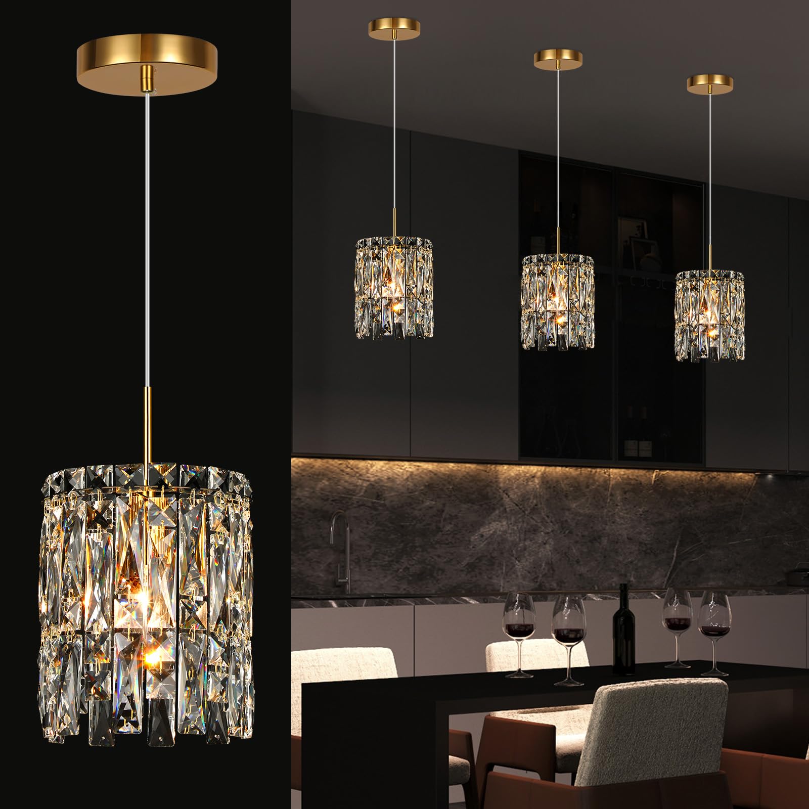 NISIDUN Modern K9 Gold Crystal Pendant Lights Kitchen Island, 1 Lighting