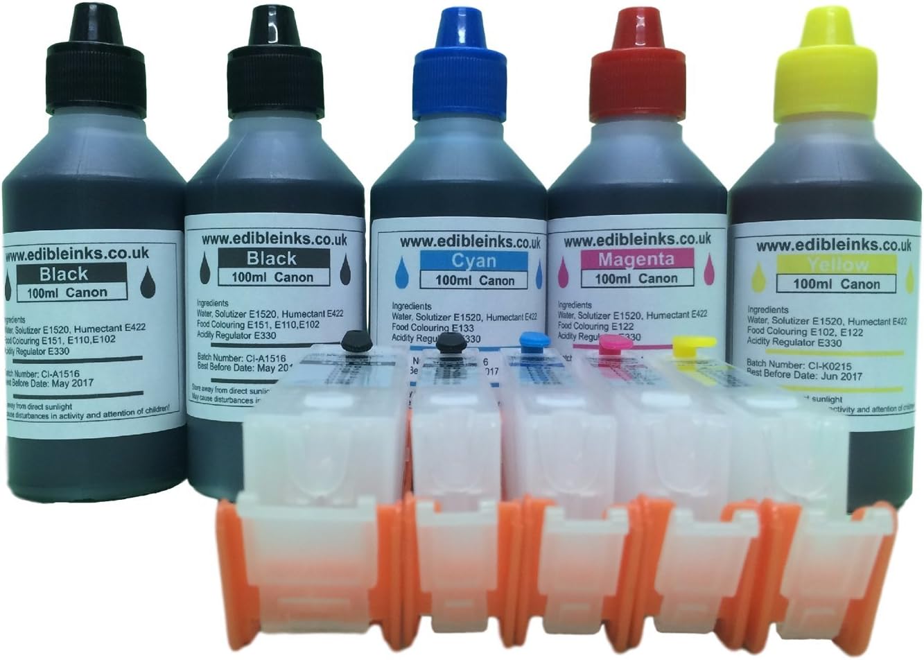 PGI-550/CLI-551 Edible Ink refillable Cartridge kit consisting of, a Set of 5 Empty refillable Edible Ink cartridges and 500ml of Edible Ink for use on Canon Printer Models IP7250, MG5450, MG5550