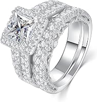 AVECON 5CT Princess Cut Cubic Zirconia Engagement Ring Set, White Gold Plated Bridal Band for Women, Sizes 5-10