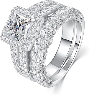 AVECON 5CT Princess Cut Cubic Zirconia Engagement Ring Set, White Gold Plated Bridal Band for Women, Sizes 5-10