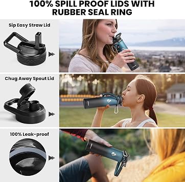 RAYMYLO Insulated Water Bottle 24 oz, Triple Wall Vacuum Stainless Steel | (Cold for 24Hrs, Hot for 12Hrs), Leak Proof & Non-BPA, Modern Water Flask Jug with Paracord Handle & Straw Spout Lids