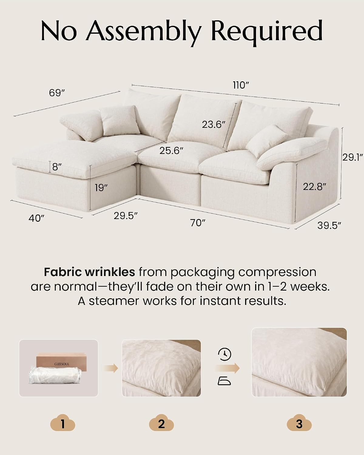 Warm White L-Shaped Chenille Modular Sectional Sofa with Ottoman No Assembly Required