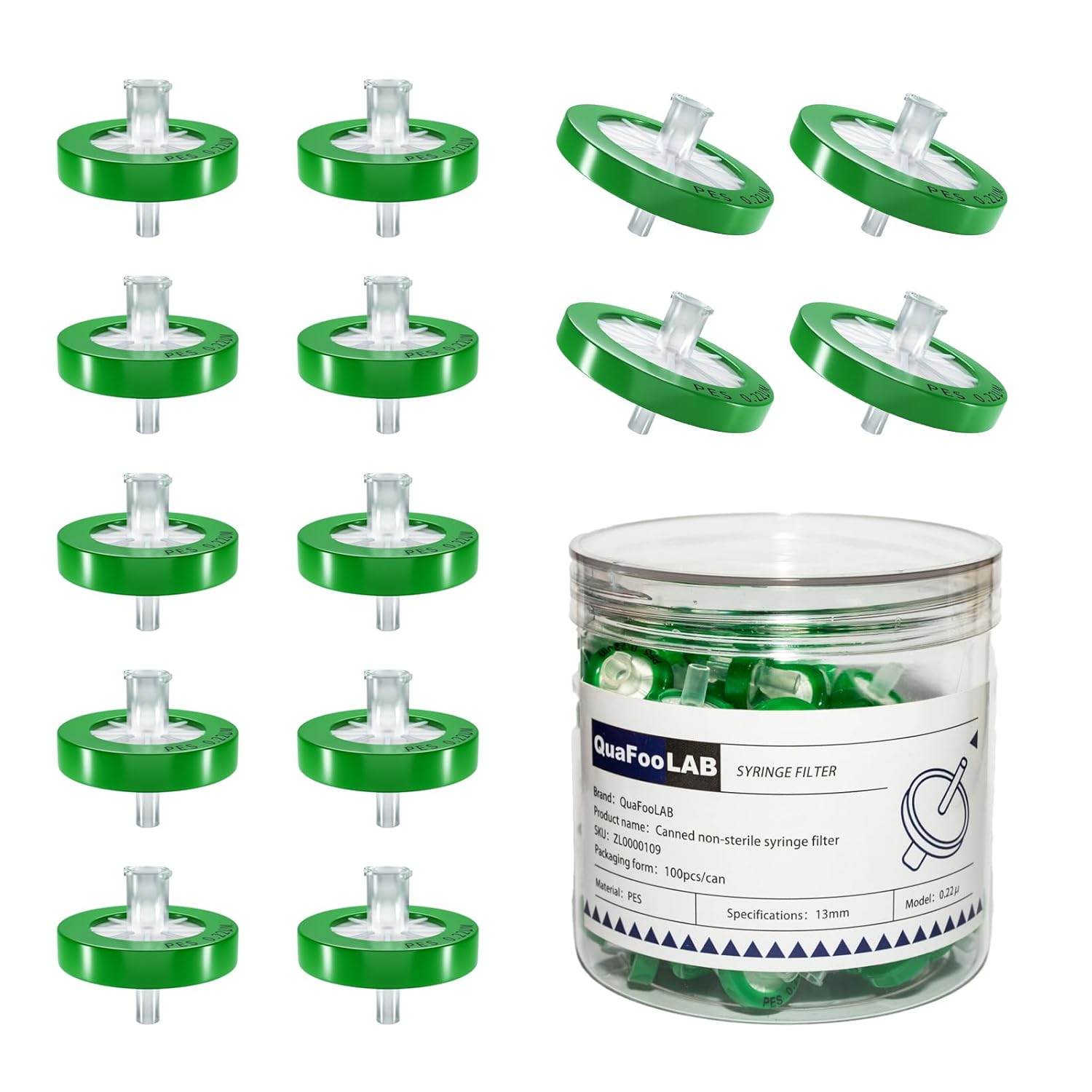 Syringe Filters,Syringe Lab Filters, PES (Polyethersulfone) 25mm Diameter 0.45μm Pore Size,Non Sterile Filtration,Green Pack of 100
