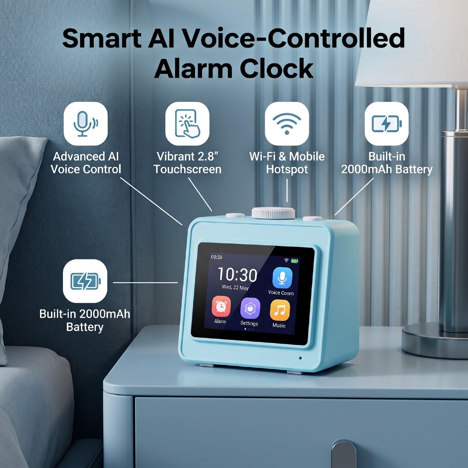 Reloj Despertador Inteligente, Control por Voz Ai, Pantalla