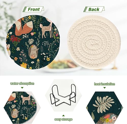 Miniatura 4 de Nature Pattern Cute Animals Flower Drink Cotton Coasters 4 Inch 6 Pcs Absorbent Table Coasters for Drinks House Bar Accessories Office Decor