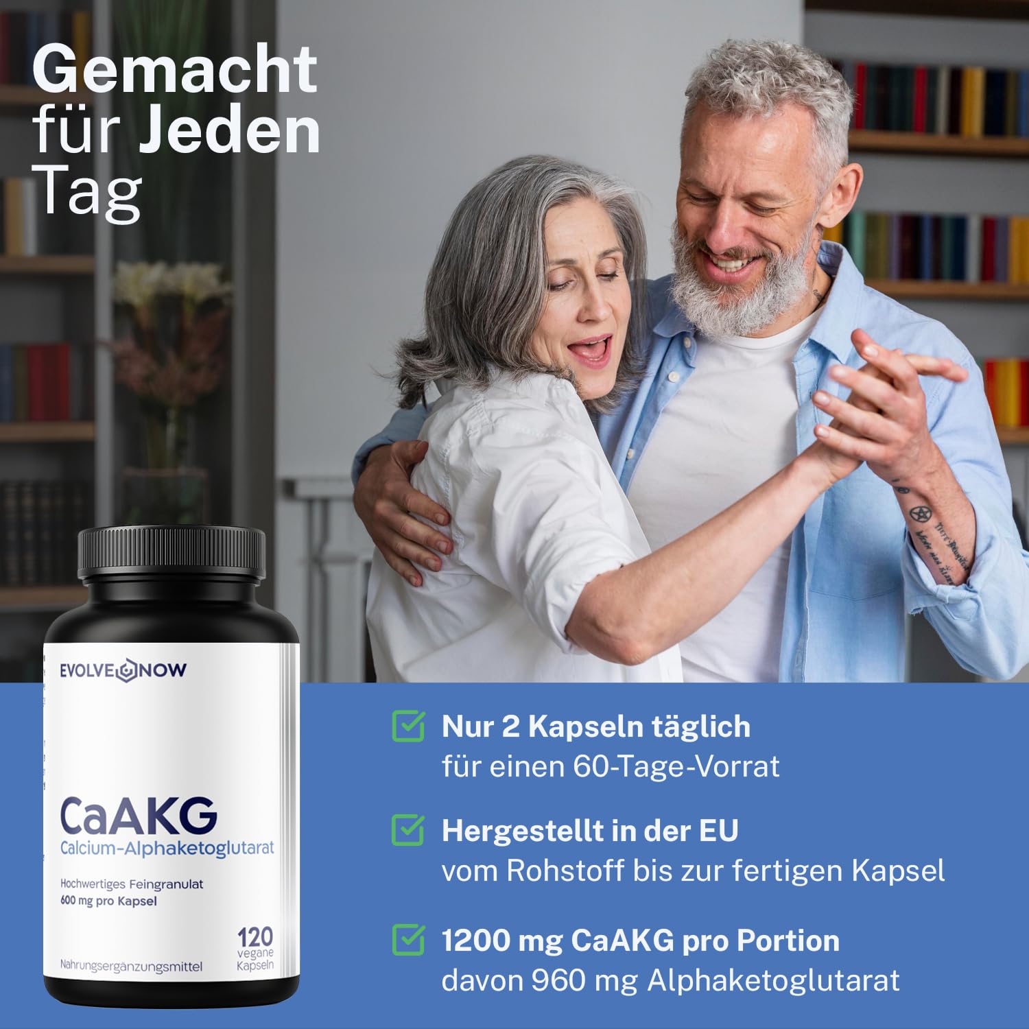 Evolve Now CaAKG 600 mg pro Kapsel – Calcium-Alphaketoglutarat – 120 vegane Kapseln – 1200 mg Tagesdosis – Laborgeprüft & Frei von Zusätzen