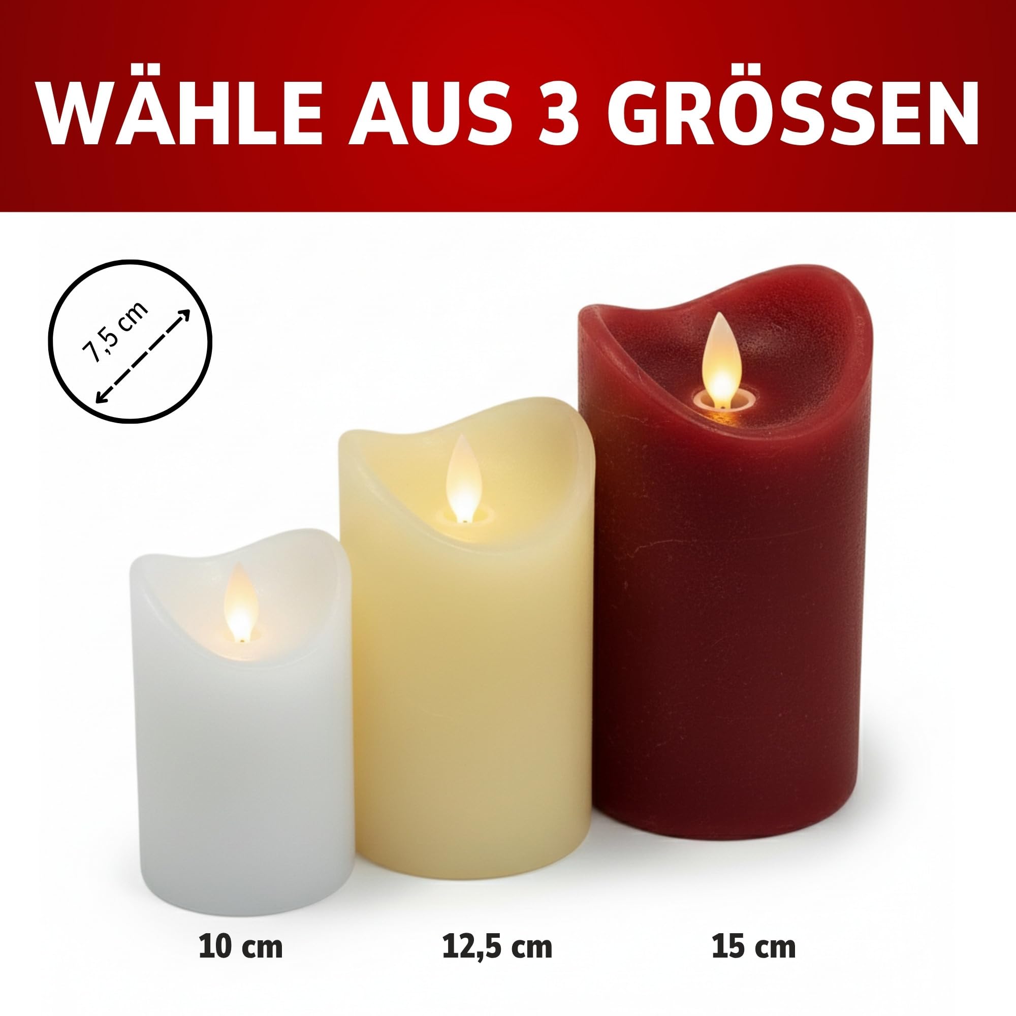 ToCi 4 x LED Kerzen Hellrot 7,5 x 12,5 cm – Echtwachskerzen flammenlos mit beweglicher Flamme & Timer