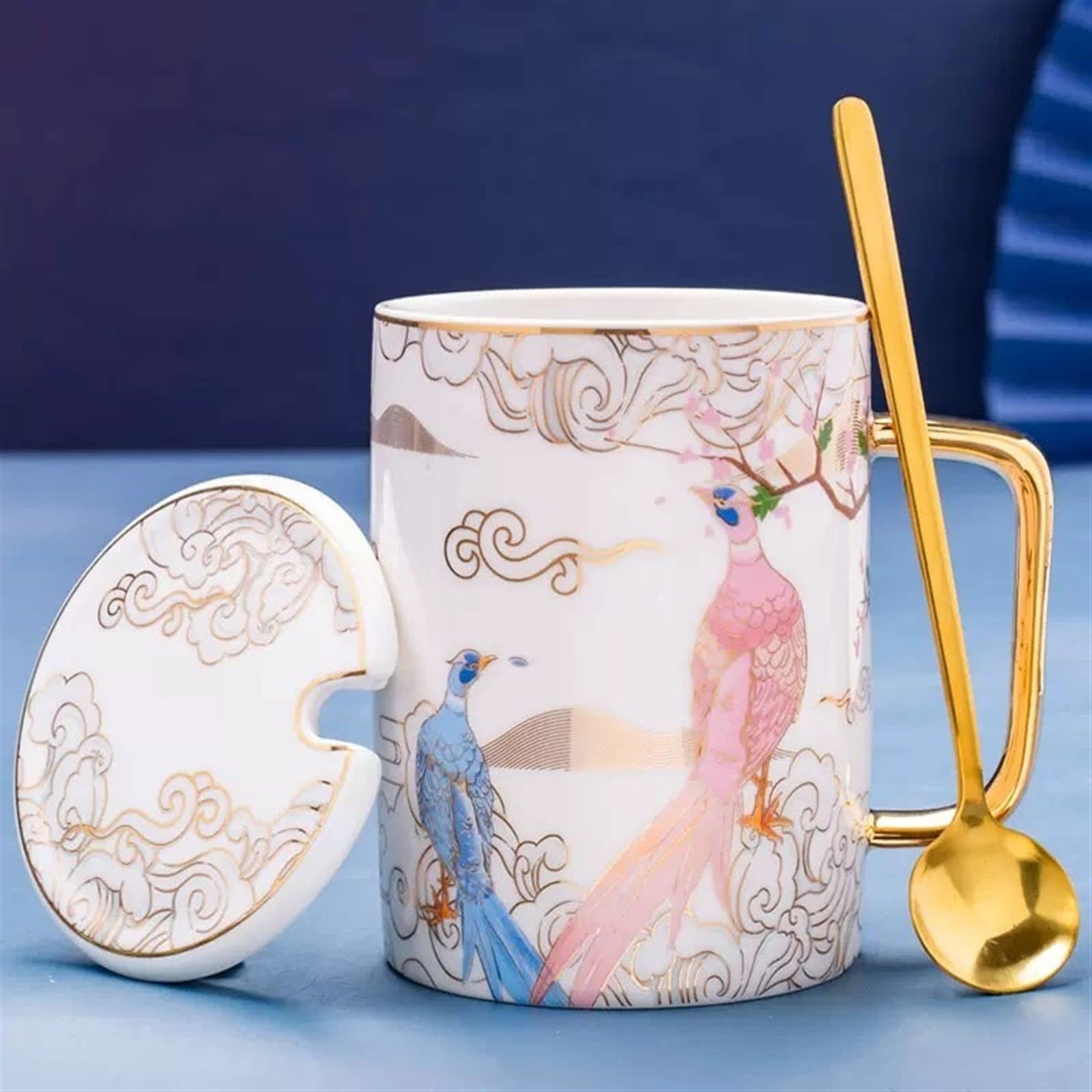 Becher Tassen Kreativer und personalisierter Becher im chinesischen Stil, antike Tasse aus Knochenporzellan, große Kapazität, Kaffeetasse mit Deckel und Löffel, 450 ml Kaffee-Trinkbecher ( Color : Whi