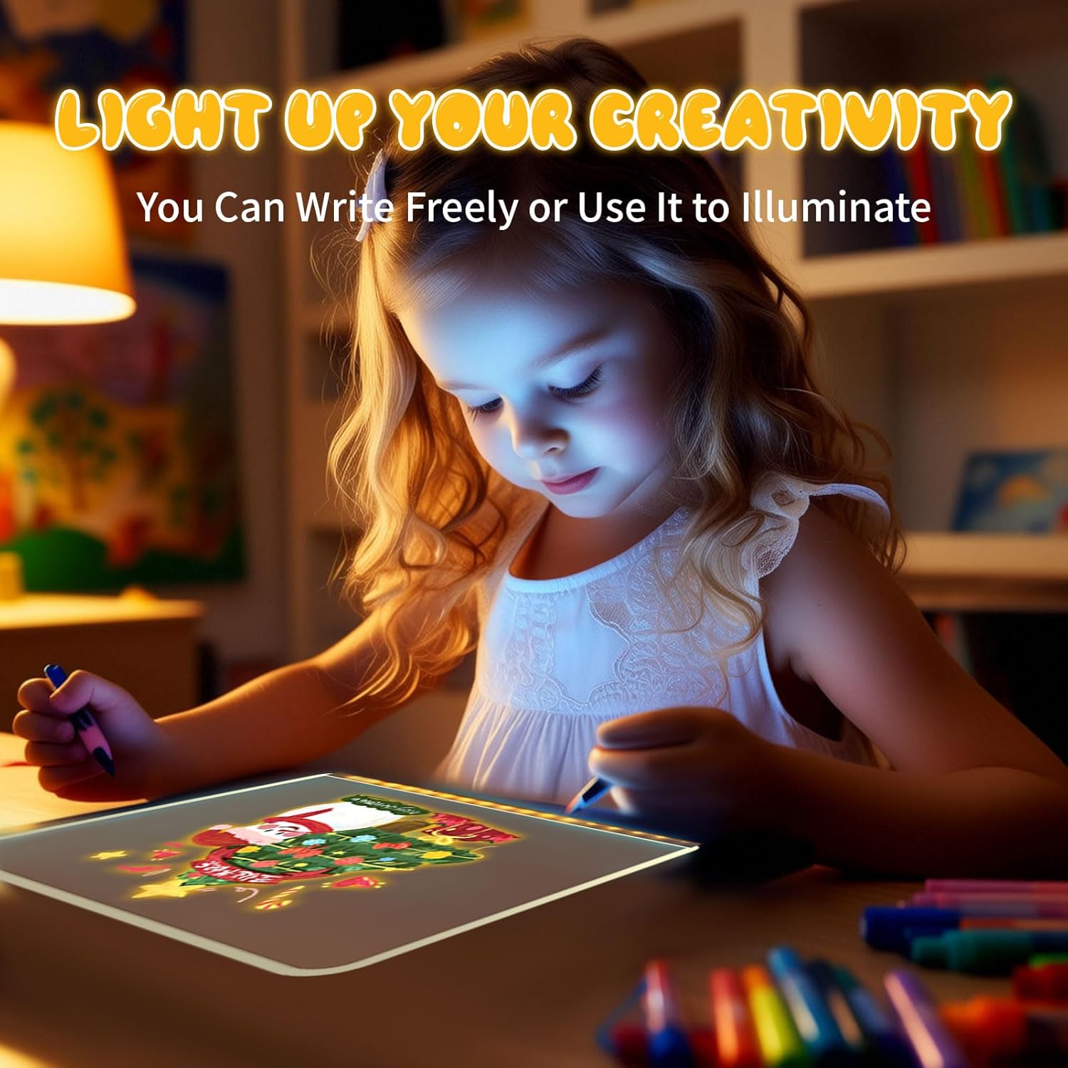 A child drawing on the illuminated Lumilite LED Drawing Board with a colored pen.