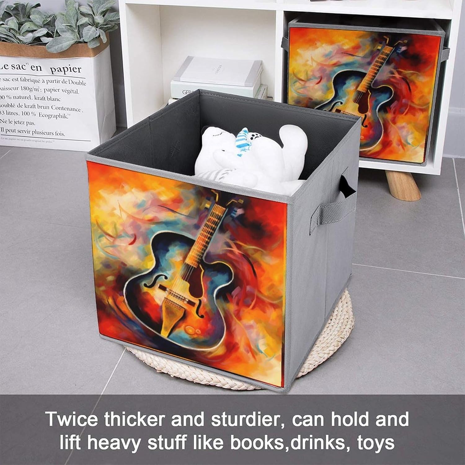 Abstract Watercolor Guitar Storage Cubes Set of 6 Storage Bins with Handles Collapsible Storage Basket Fabric Storage Box for Shelves Large Closet Shelf Organizer for Organization 11 Inch