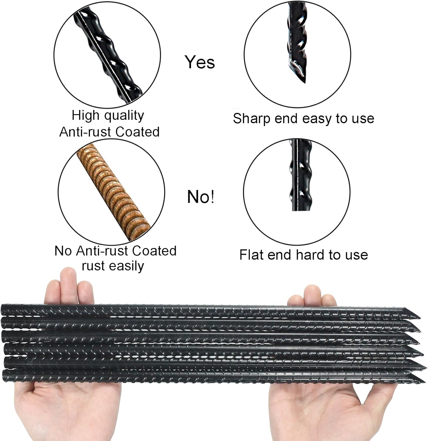 16 Inch Ground Rebar Stakes Heavy Duty Steel Ground Anchors for Outdoor, Straight Metal Stakes with Chisel Point end, Black Powder Coated (16)