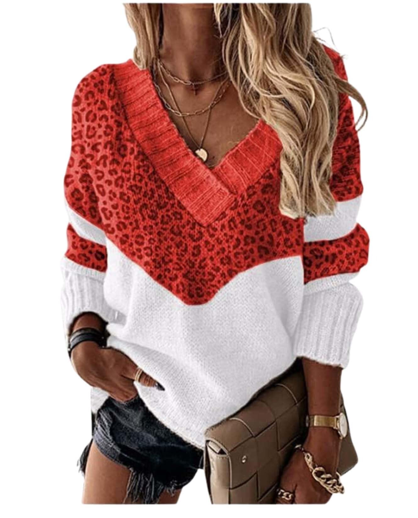 Leopard Print Sweaters for Women Fall Fashion Long Sleeve V Neck Color Block Pullover Loose Fit Knitted Sweater