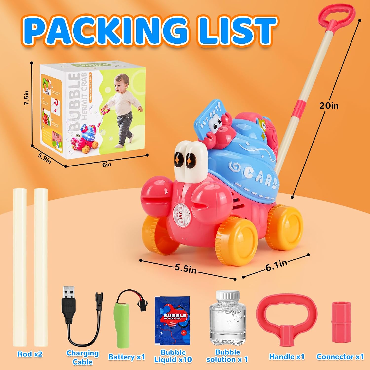 Crab Bubble Machine for Kids,Handheld or Push Bubble Maker Blower,Bubble Lawn Mower W/Lights,Outdoor Toys Birthday Gift for Toddlers Boys Girls 3 4 5 6 Years Old (USB Rechargeable) image 5