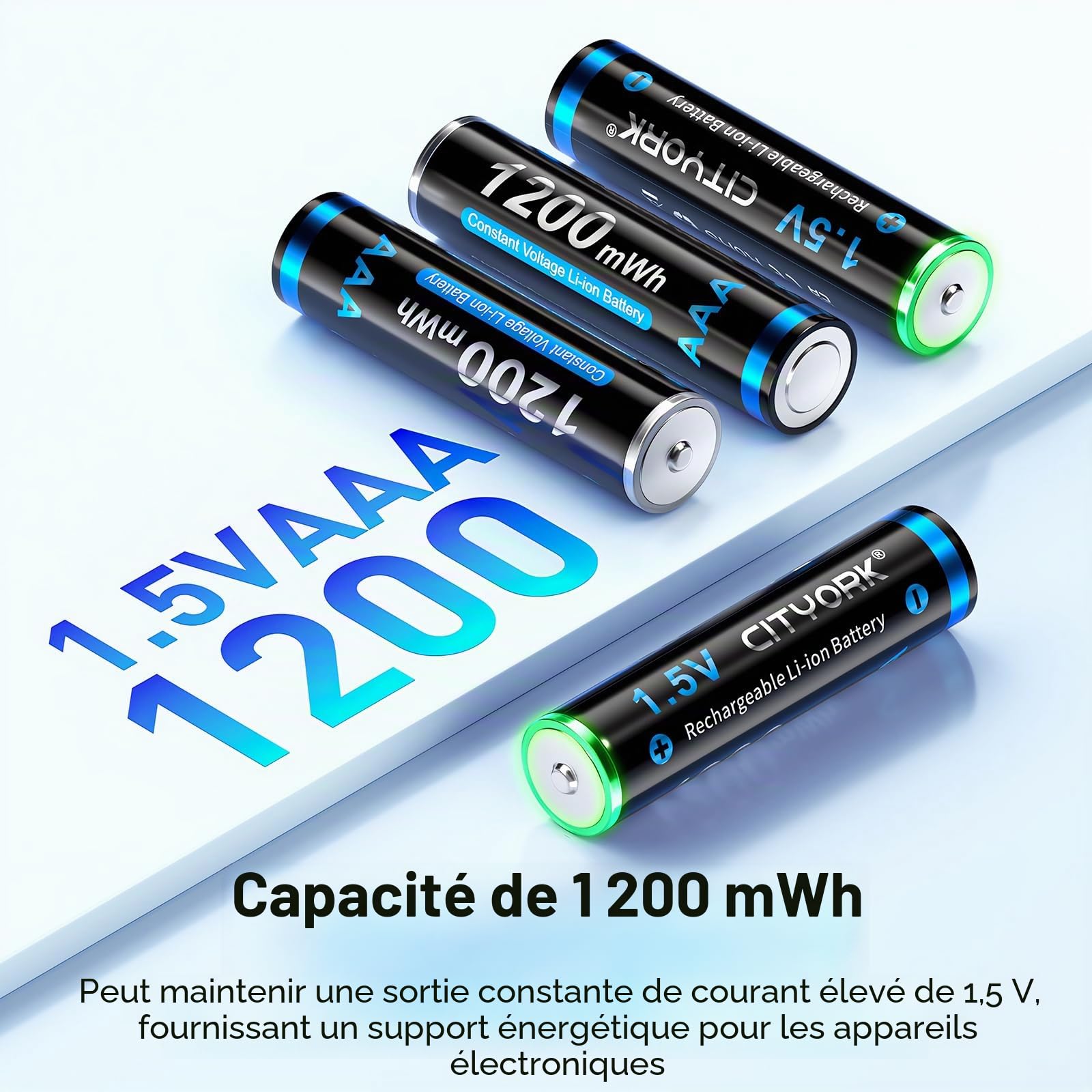CITYORK Lot de 12 piles AAA rechargeables 1,5 V 1200 mWh au lithium AAA 1200 cycles CTY-AAA1200 x 12-1.5V