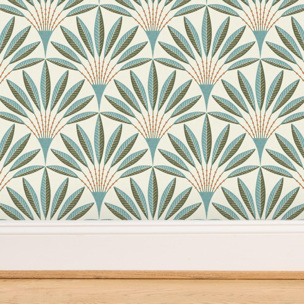 Spoonflower Commercial Grade Wallpaper Swatch - Modern Geometric Teal Green Orange Bold Linen Texture Retro Scallop Fans Traditional Wallpaper