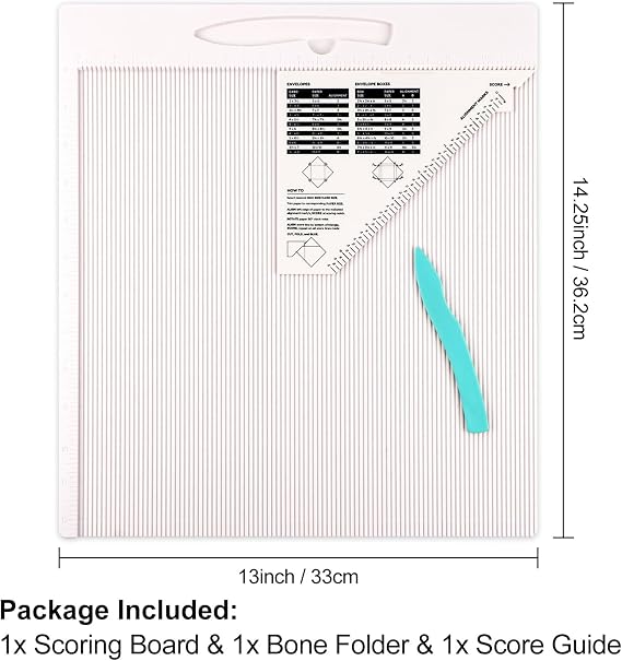 Scoring Board for Envelopes, Gift Boxes & Paper Crafts - 12x12 Multi-Purpose Scoreboard with Bone Folder & Triangular Guide - Envelope Maker Paper Folding Tool for Card Making, Scrapbooking Supplies