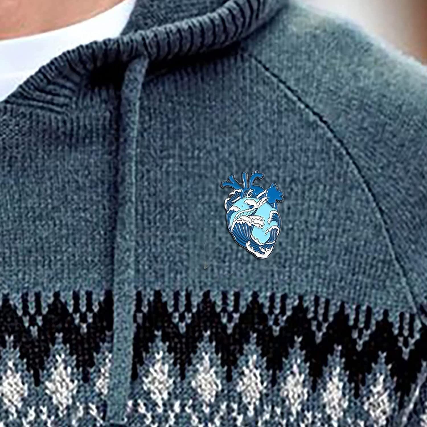 Mode for Damen, Blaue Kleidung, Revers, Herz, Meereswelle, Emaille mit S (Farbe: einfarbig, Größe