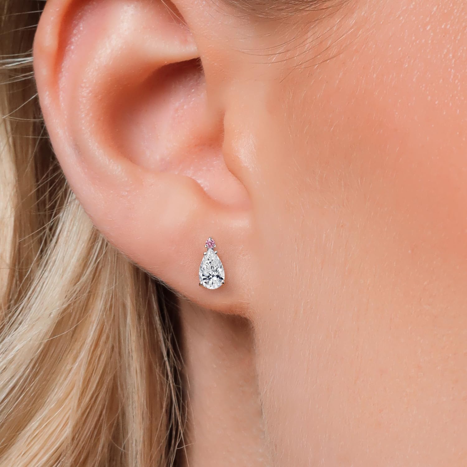 Gem Stone King 14K White Gold DEF Lab Grown Diamond and Pink Lab Grown Diamond Teardrop Stud Earrings for Women | 1.06 Cttw | Gemstone April Birthstone | Pear Shape 7X5MM - Image 3