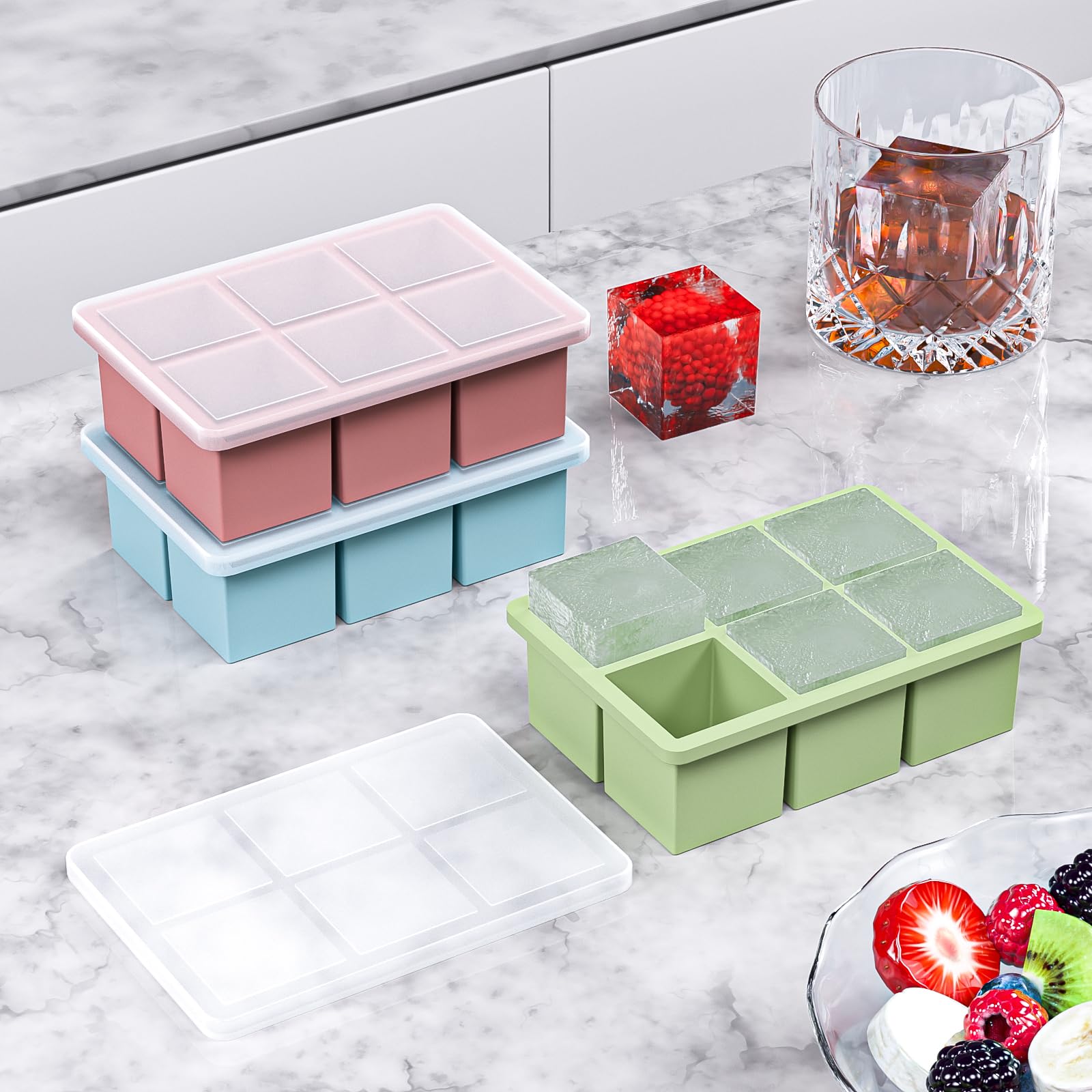 HANCELANT große Eiswürfelform für Whiskey, 3 Stück, große quadratische Eiswürfelform aus Silikon mit abnehmbarem Deckel, 5,1 cm, riesige quadratische Eiswürfelform für Whisky und Cocktail (blau + grün