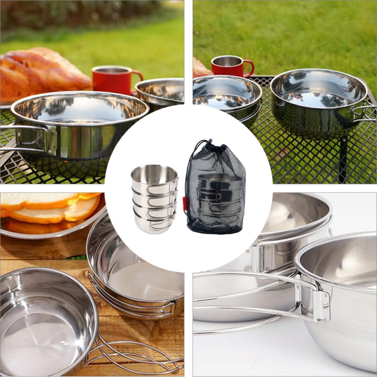 Stainless Steel Foldable Camping Bowls with Smooth Edges and Storage Bag Sturdy Outdoor Hiking Bowl for Travel and Picnic for Easy Carry