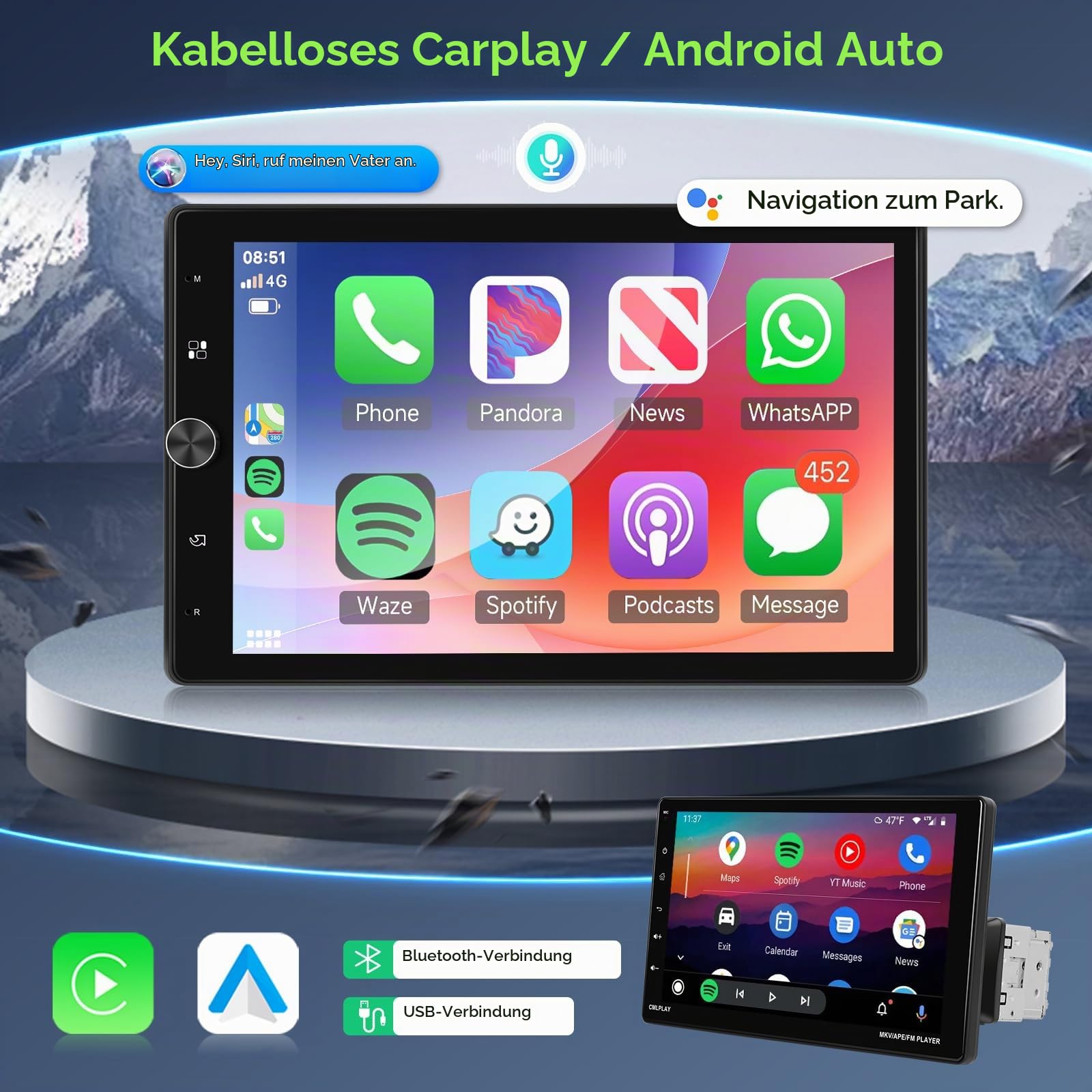 VECHTEL Autoradio 1 Din mit Drahtlosem Carplay Android Auto, 10.4-Zoll-Touch drehbaren Bildschirm Autoradio Bluetooth, FM Radio, Link Spiegeln, 2 USB, Rückfahrkamera