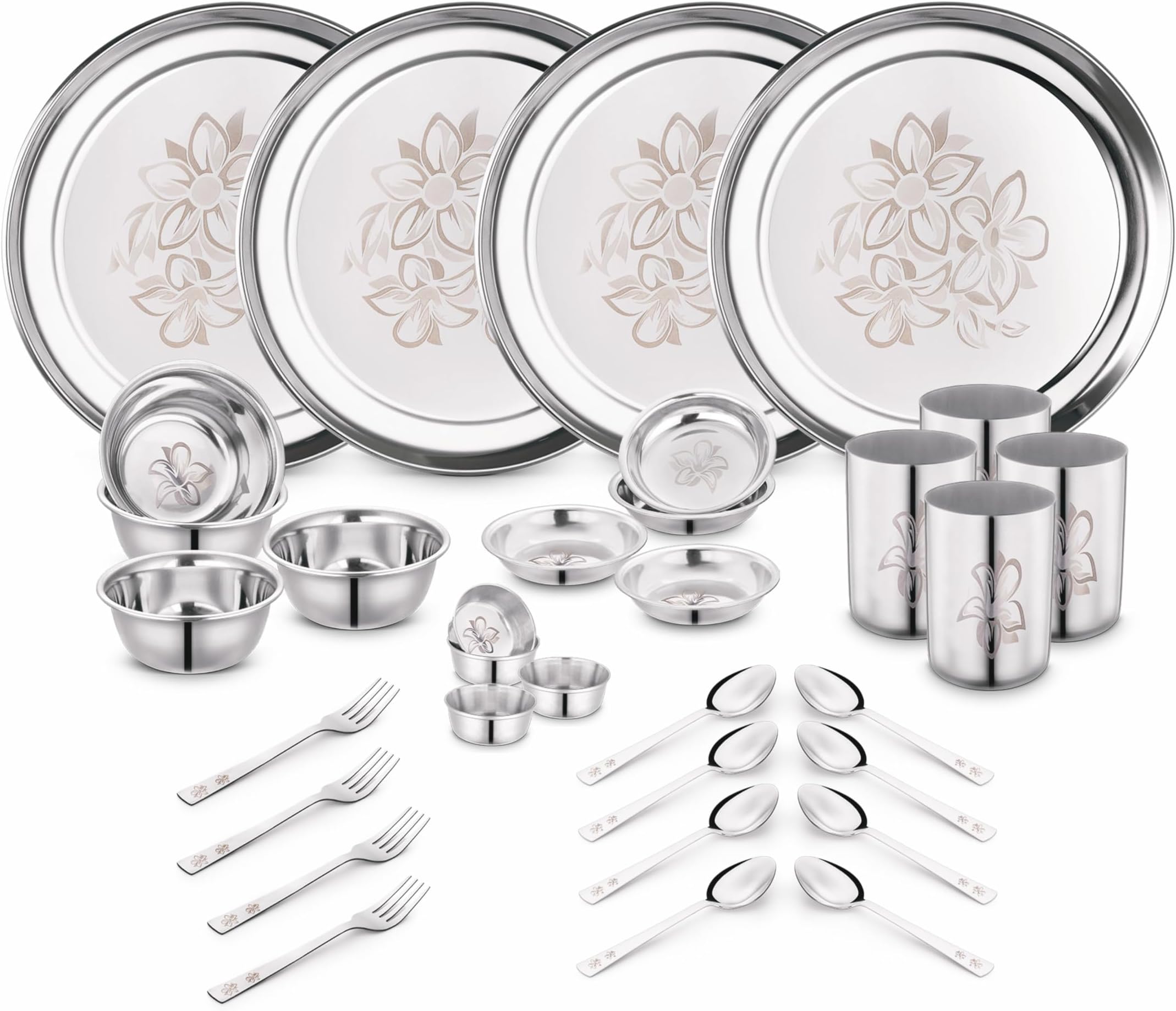 - Classic Essentials Stainless Steel Dinner Set|Serves 4 People|Heavy Gauge|Kitchen Set|Permanent Laser-Glory, Set of 32