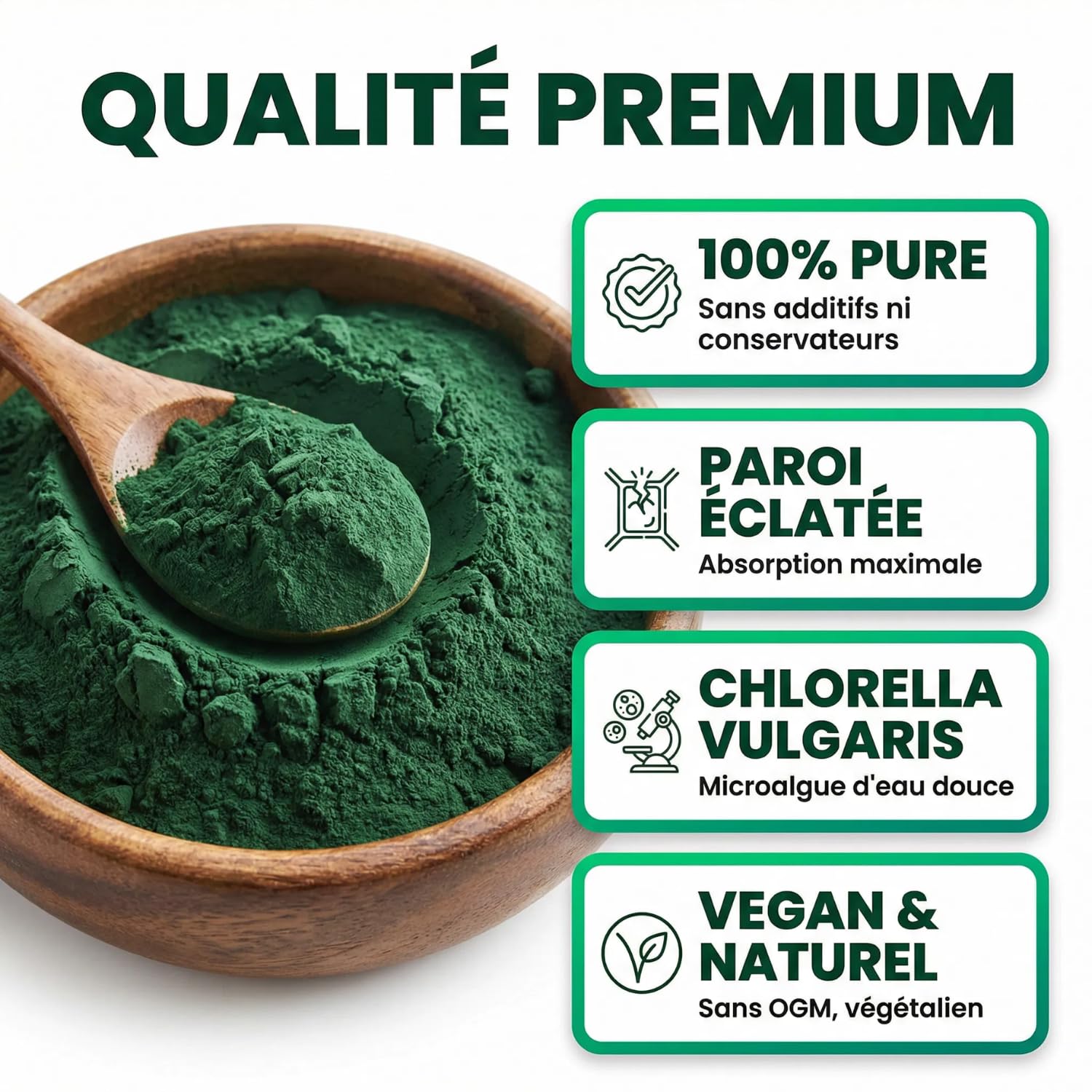 Chlorelle Poudre Pure 250g | Chlorella Détox Métaux Lourds, Chlorophylle | Superaliment 60% Protéines, Fer, Vitamines | Soutien Immunité, Énergie, Digestion | Paroi Cellulaire Éclatée | Vulgaris