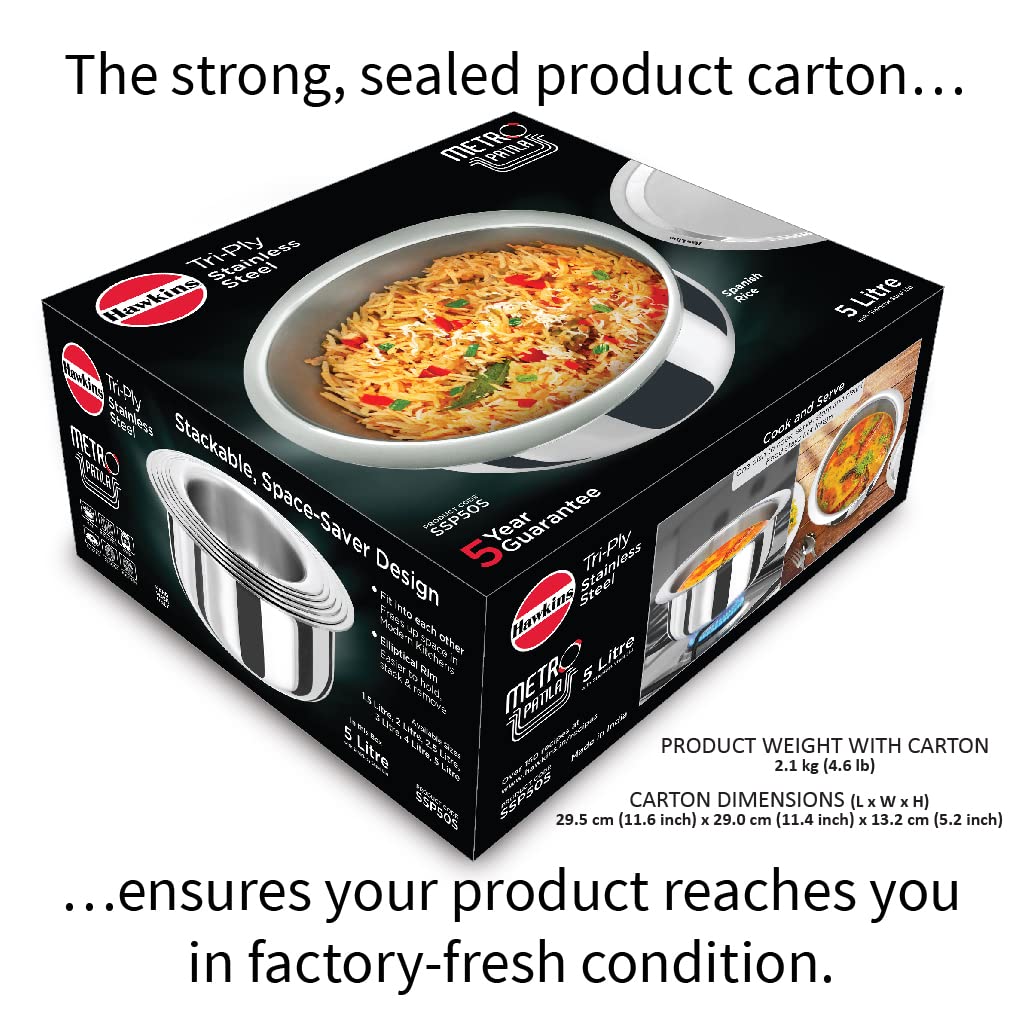 Hawkins 5 Litre Metro Patila, Triply Stainless Steel Tope with Stainless Steel Lid, Induction Bhagona, Tapeli, Silver (Ssp50S),Polished, 5 Liter