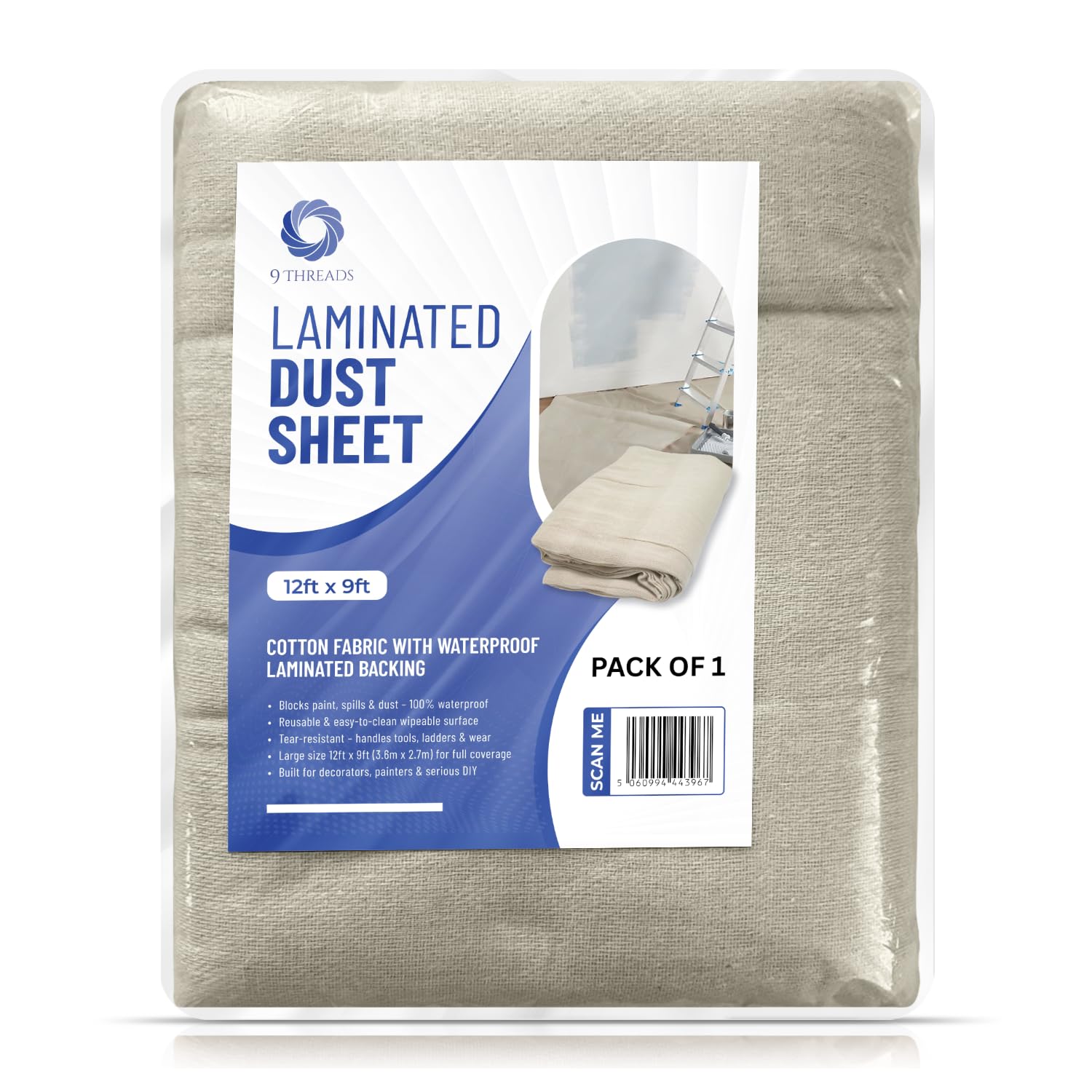 9Threads Laminated Cotton Dust Sheets 12'x9' (3.6m x 2.7m) | Washable & Reusable Drop Cloths for Painting & Decorating | Paint Cover Sheets for Furniture & Floors (Laminated Cotton Pack of 1)