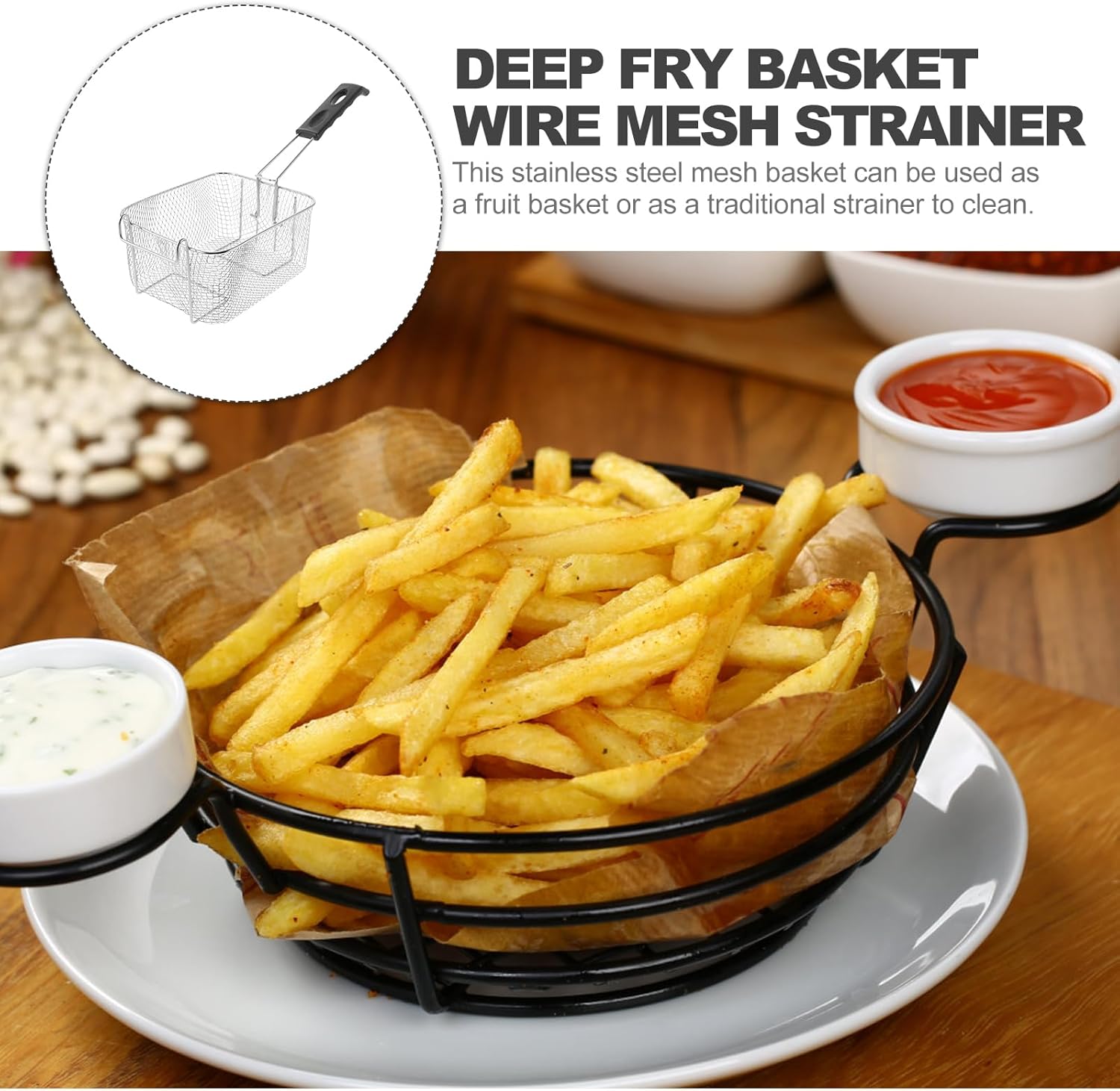 STOBOK Stainless Steel Deep Fry Basket 8X8 Inch Wire Mesh Strainer with Removable Handle for Food Frying Draining and Washing in Home Kitchen