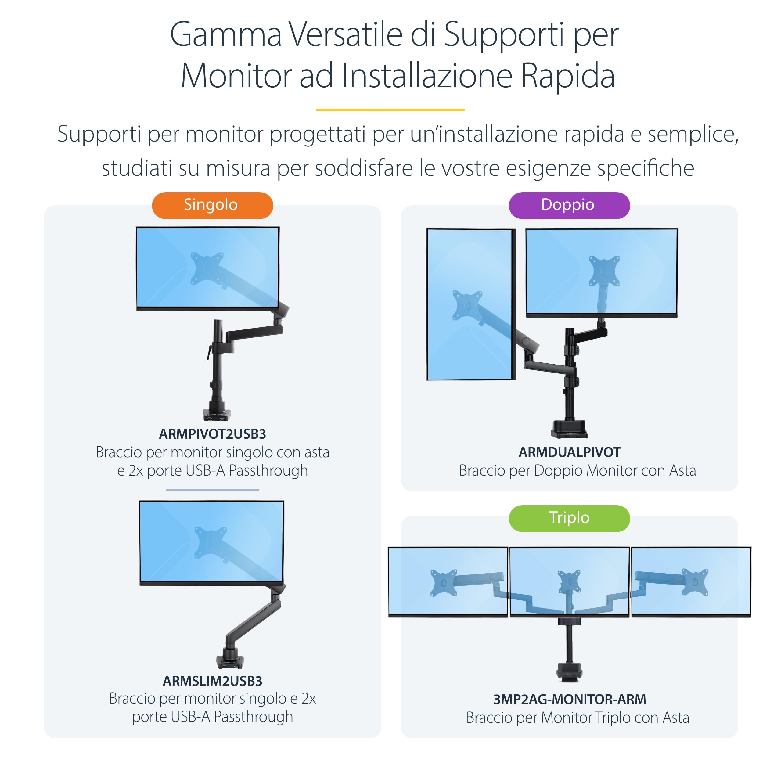 StarTech Braccio 3 Monitor da Scrivania 27" VESA (3MP2AG-MONITOR-ARM) | VESA 75x75/100x100, Regolazioni Senza Attrezzi