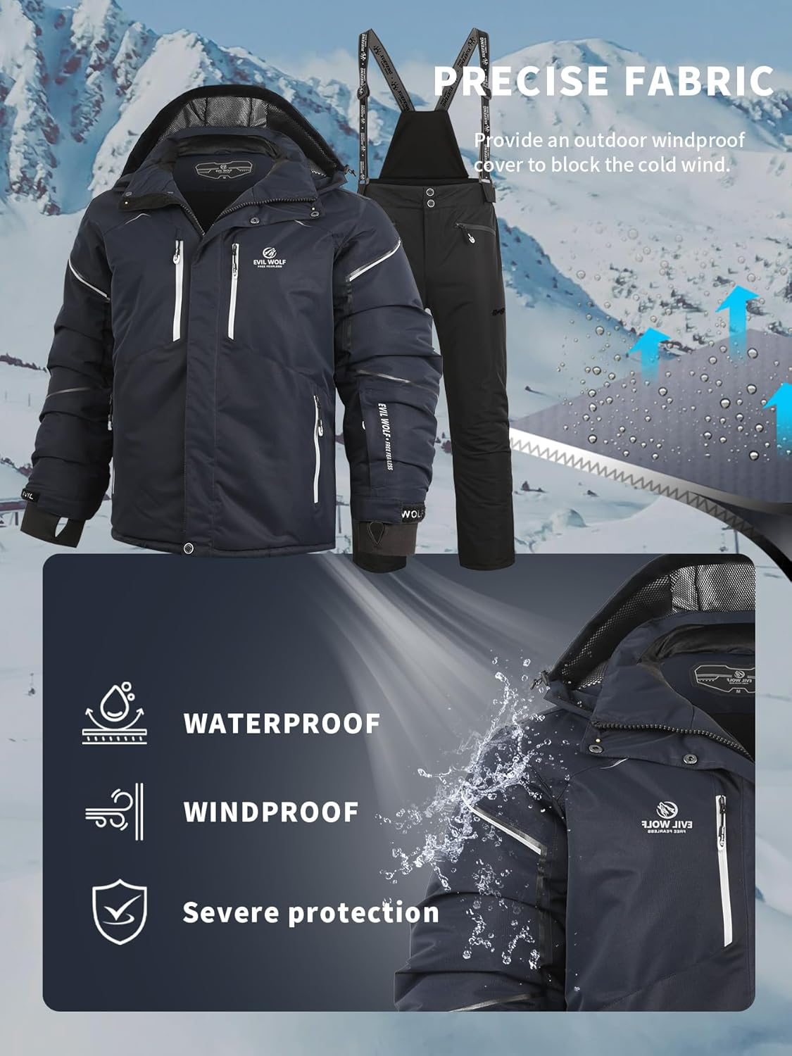 EVIL WOLF Men's Ski Suit Set, Windproof Waterproof Warm, Detachable Suspenders, for Outdoor Skiing & Mountaineering