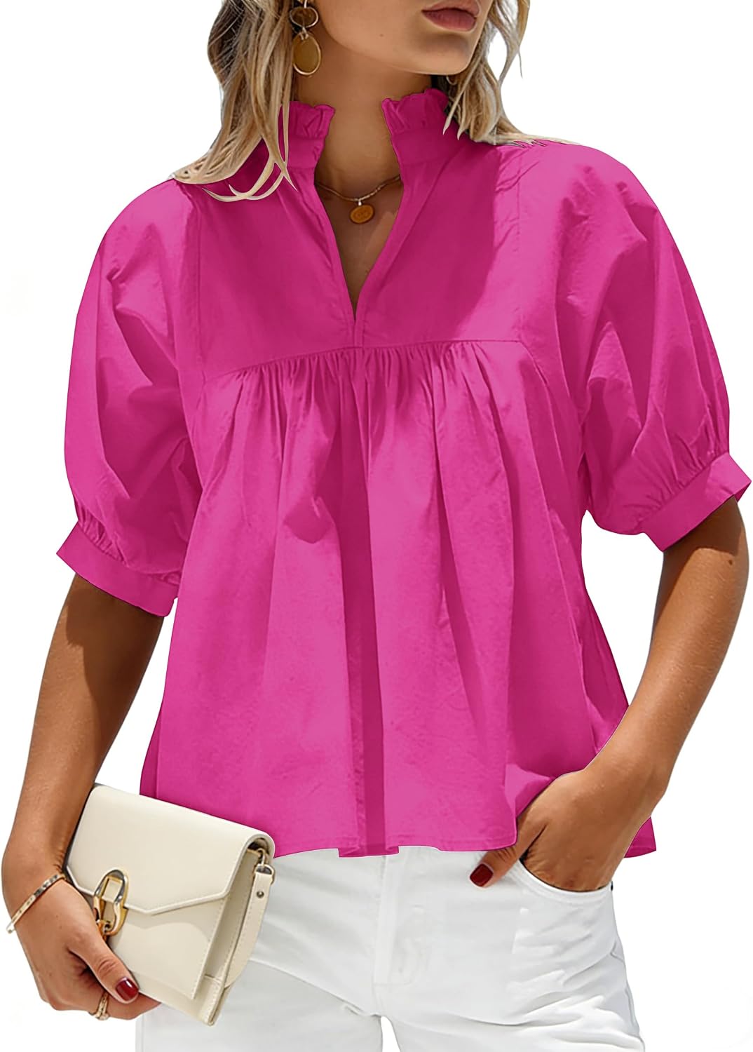 SimpleFun Puff Sleeve Blouses for Women Dressy Casual High Ruffle V Neck Babydoll Peplum Tops Summer Loose Shirts