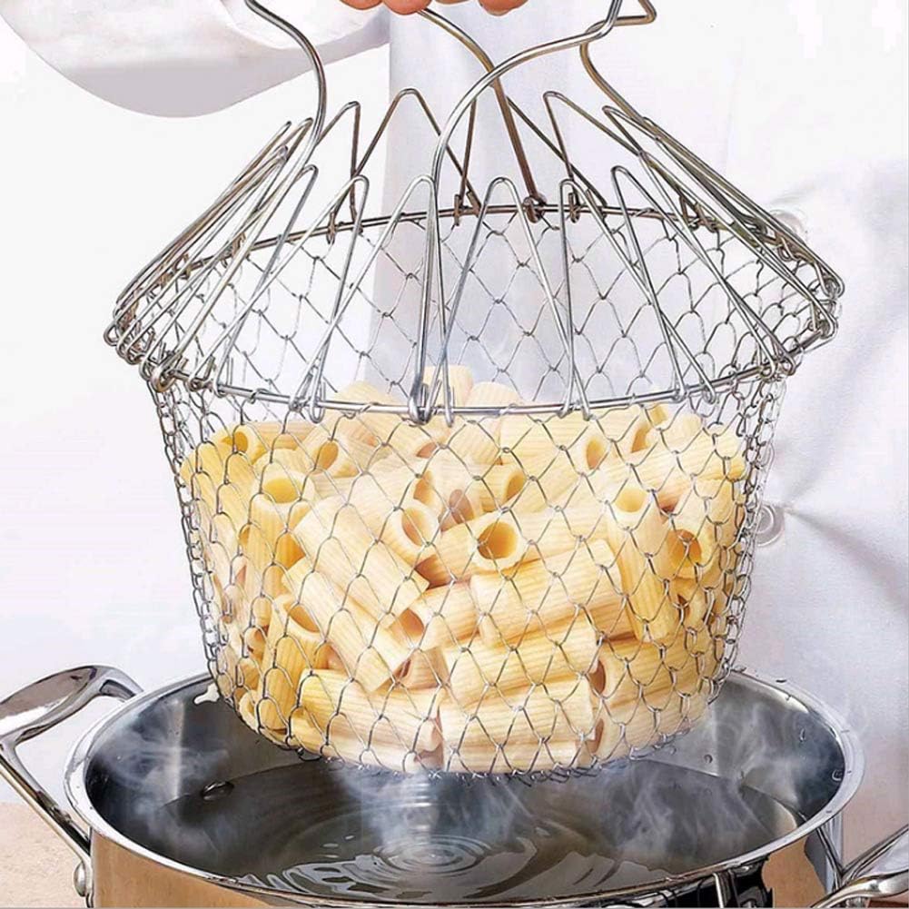 Goick Foldable Frying Net Basket, Stainless Steel Fry Strainer for French Fries, Chicken, Shrimp, Boil, Steam, Drain & Store Flat