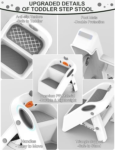Miniatura 6 de Taburete de baño para niños pequeños color gris y blanco  Taburete plegable de 2 escalones para niños de 1 a 4 años  Ayudante de cocina infantil de