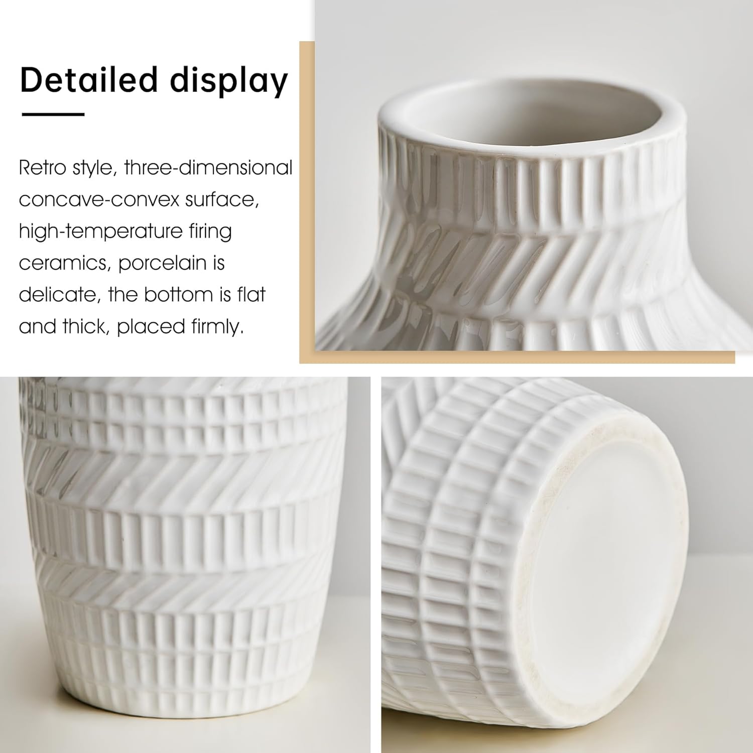 Modern White Ceramic Vase, Boho Flower Vases for Decor, 5.1" W x 8.7" H Modern Vase with Textured Pattern Table Centerpiece for Living Room Office Bedroom (White Vase)