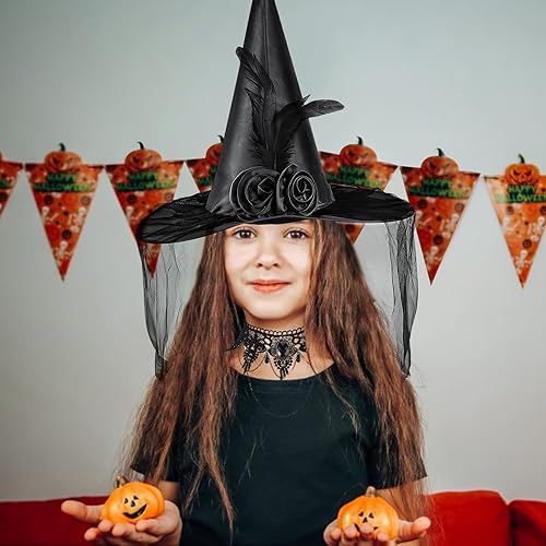 Miniatura 8 de LOMIMOS Halloween Witch Hat Set, Gothic Flower Feather Magic Master Black Witch Wizard Hat with Necklace Bracelet Choker Earrings Party Accessories
