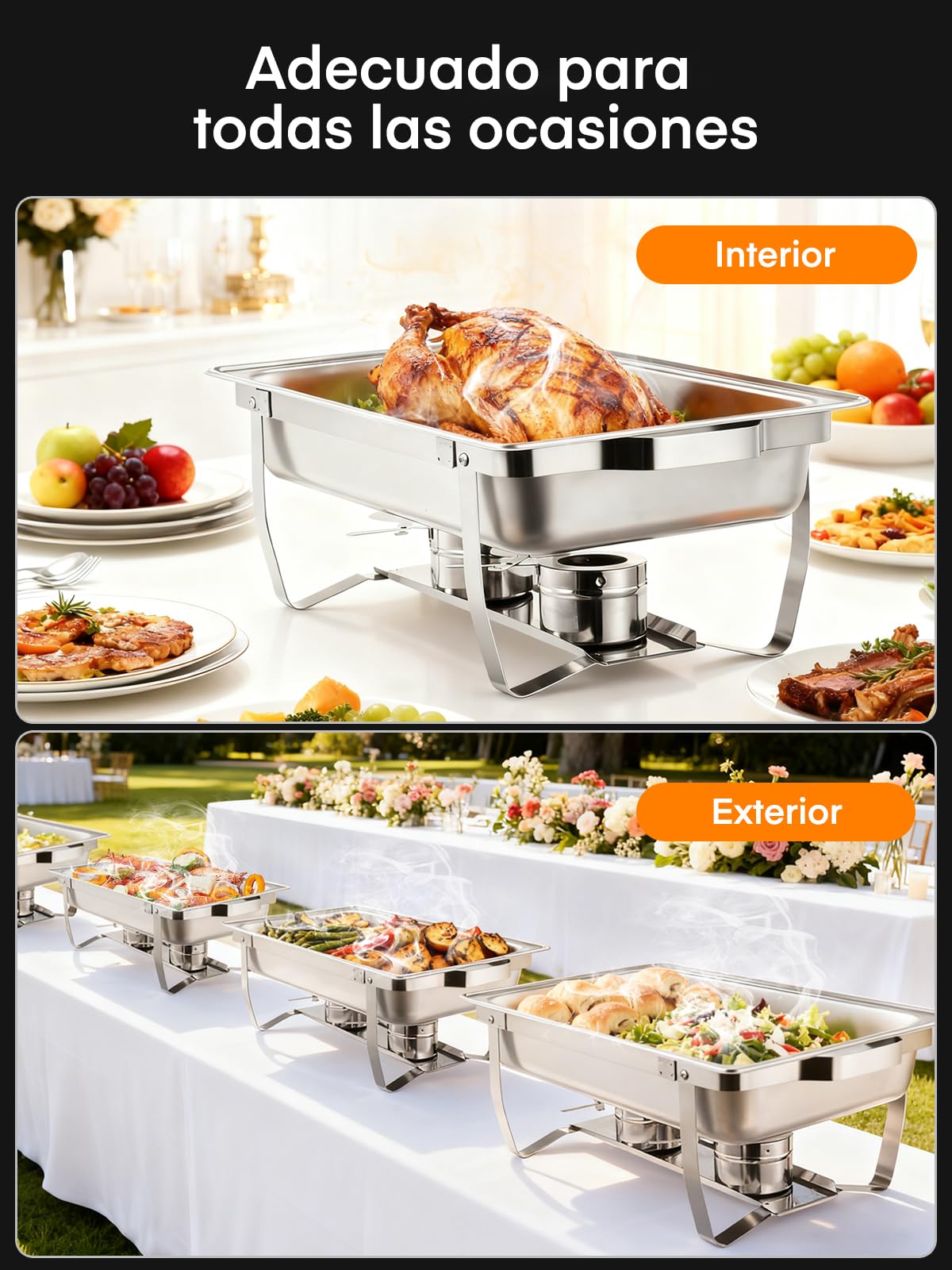 Calentadores de Comida para Buffet, 4PCS Chafing Dish Buffet Set, 9L Servidor de Calentador Buffet de Acero Inoxidable, Calentador de Alimentos para Catering Fiesta (2×GN1/1+2×GN1/2+4×GN1/4)