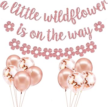 12 Pcs Wildflower Baby Shower Banner Decorations-A Little Wildflower is on the Way Banner Flower String Flag Rose Gold Matte Balloons and Loose Powder Balloons for Welcome Baby Gender Reveal Party