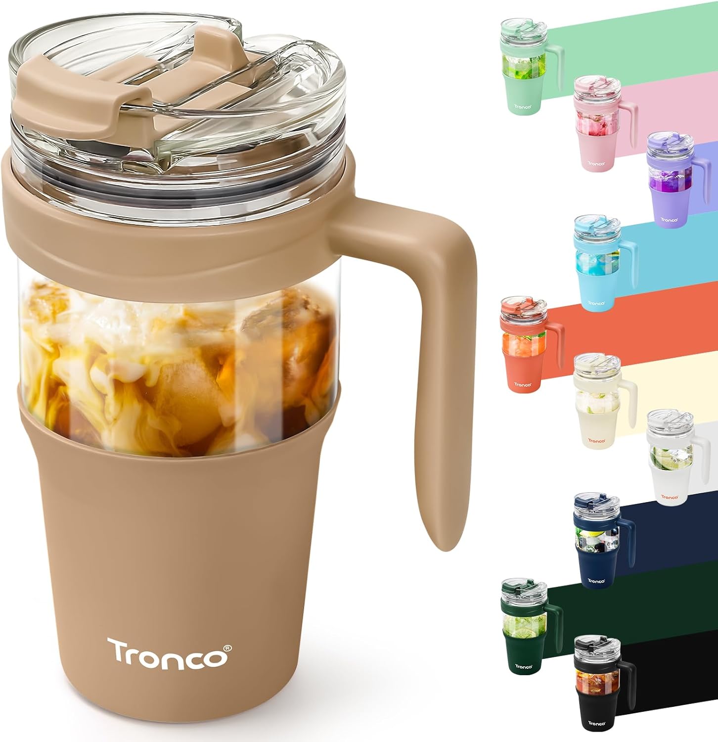 Tronco 32oz Glass Tumbler with Straw and Lid, Leakproof 2-in-1 Sip and Flip Straw Lid, Glass Water Bottles with Handle, Fit in Cup Holder, BPA Free, Dishwasher Safe (Khaki)