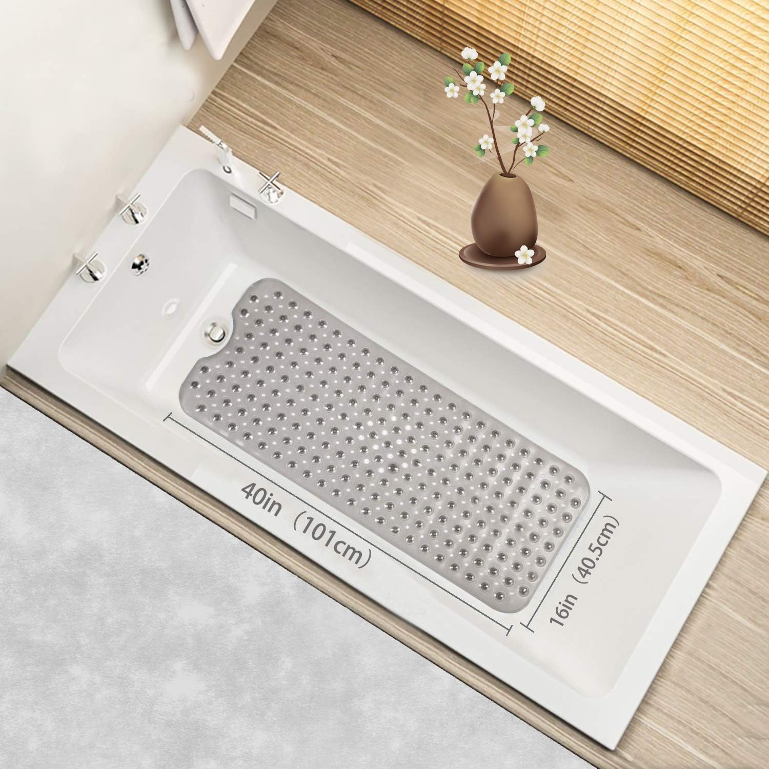 HmiL-U Non Slip Bathtub Mat | 30% Extra Long Bath Mat for tub | Shower Mat |with 200 Suction Cups 16in x 40 in (Clear Grey)