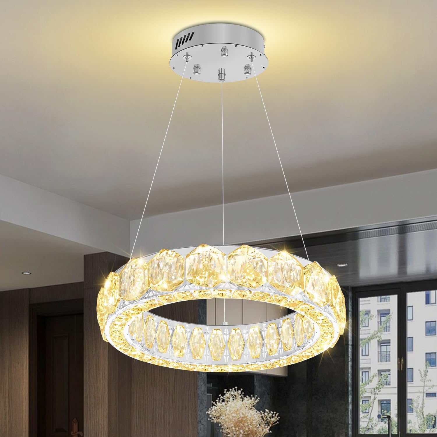 16" Luxury Silver K9 Crystal Ring Chandelier, Modern Dimmable LED Round Pendant Light, Adjustable Height Ceiling Fixture for Foyer, Staircase, Dining Room