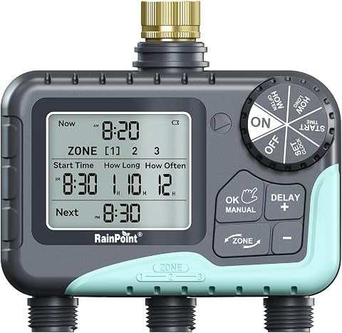 RAINPOINT Programmateur Arrosage 3 Sorties, entrée en Laiton, Programmateur d'arrosage Automatique avec Retard De Pluie/Arrosage Manuel/Grand écran LCD, Minuterie D'arrosage pour Jardin, Pelouse