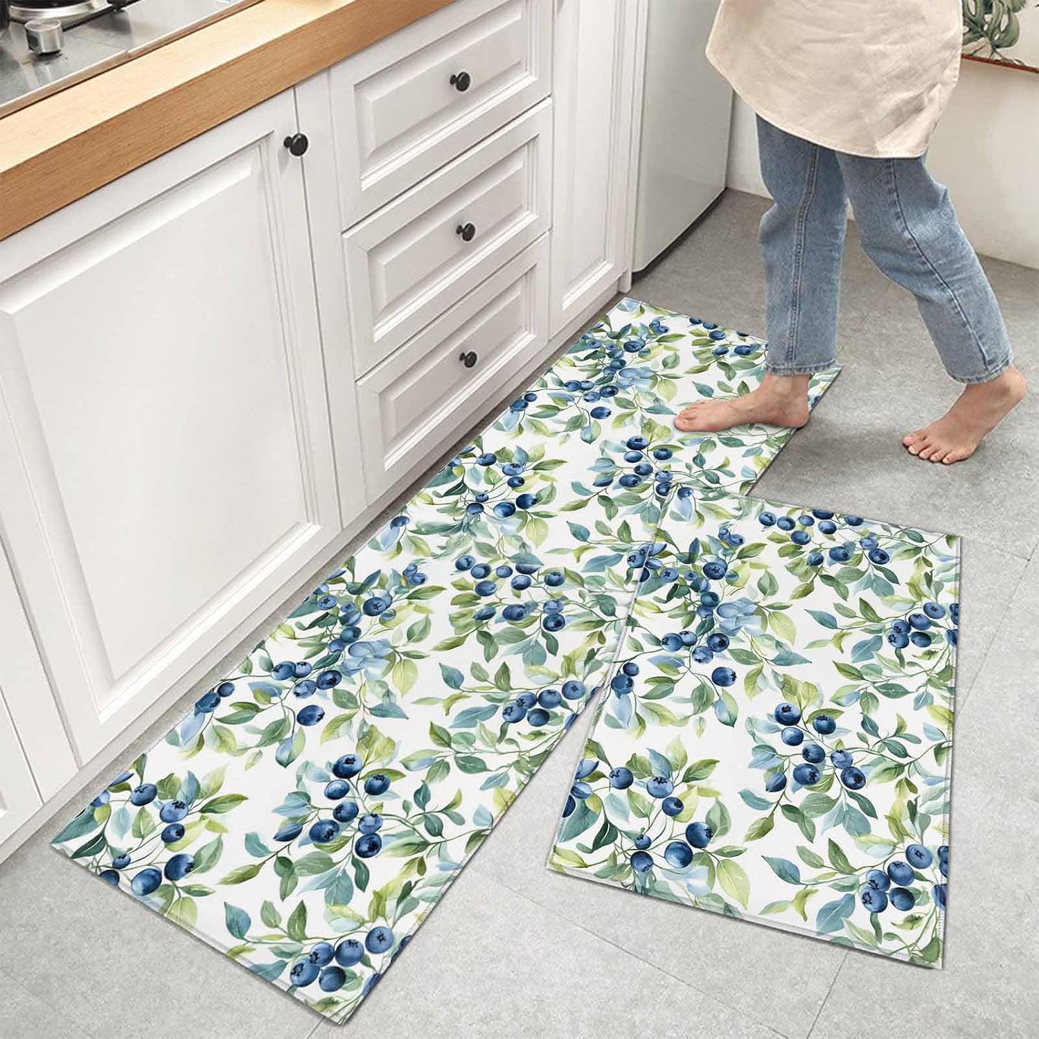 Kitchen Mats for Floor Farm Plant Blueberry Fruit Washable Non Slip Kitchen Rugs 2PCS, Green Watercolor Leaves Absorbent Standing Mats for Sink Bathroom Office Living Room 15.7x23.6in+15.7x47.2in