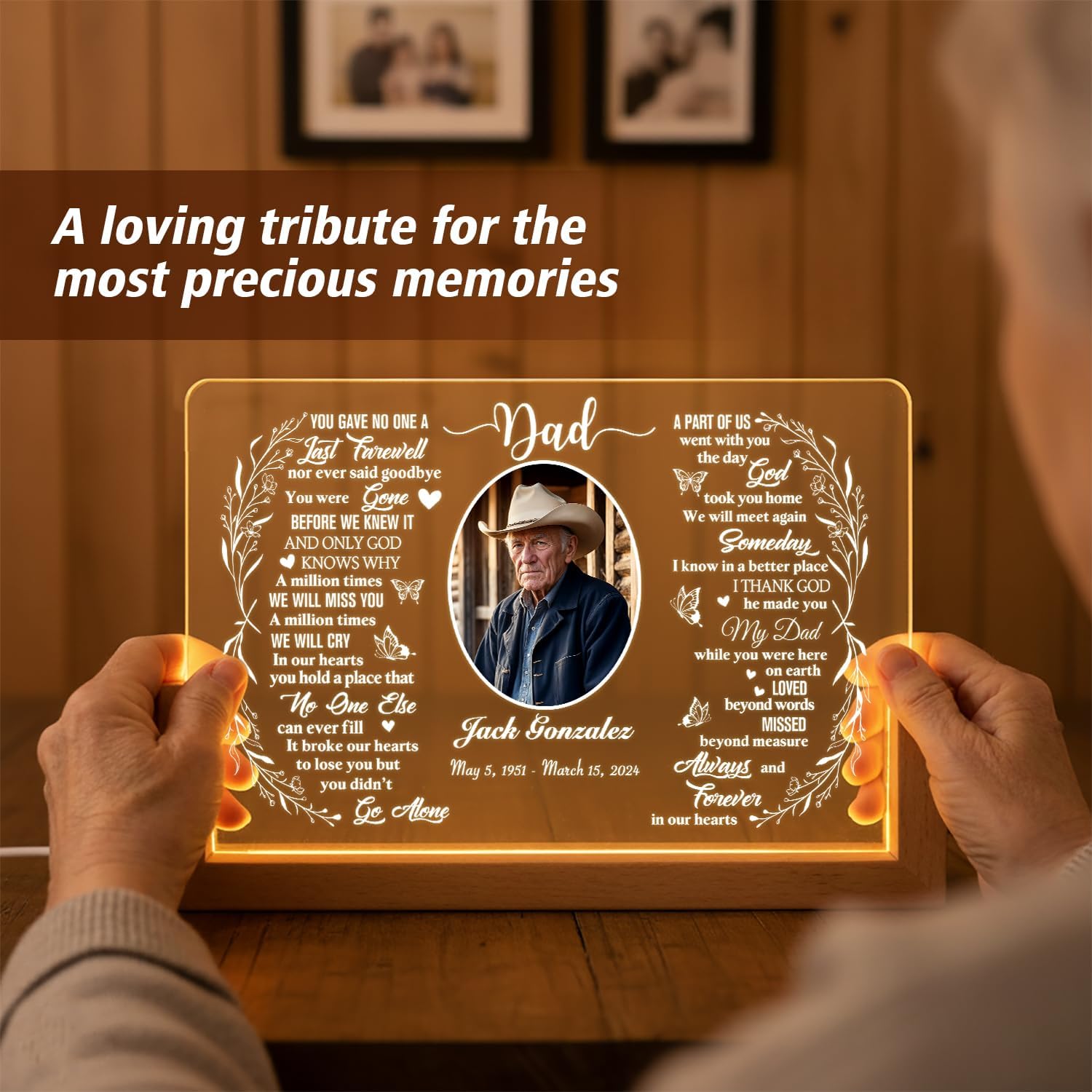 Personalized Memorial Light Plaque with Photo, Custom Sympathy Gift for Loss of Mom Dad Loved One, Bereavement Keepsake, Memorial Picture Frame with Poem Decorative Sign (Dad) image 3
