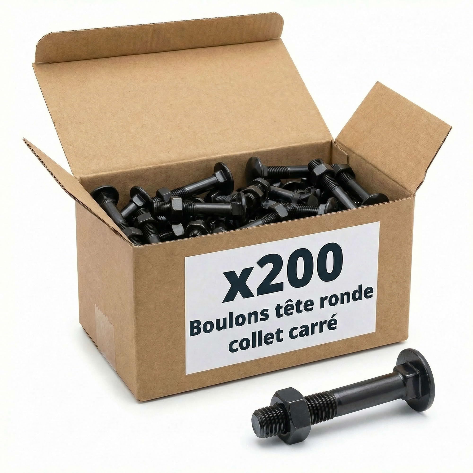 200 Boulons tête ronde collet carré DIN603/555 acier zingués Noir diamètre 7,0 mm - Longueur 40 mm
