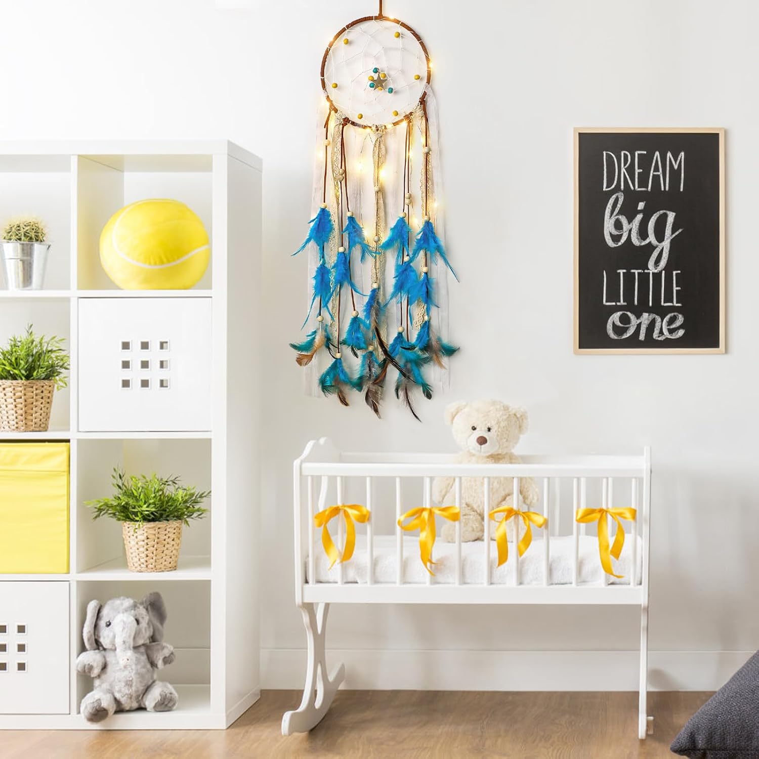Dremisland Dream Catcher Handmade Blue Dreamcatcher with LED Fairy Lights, Feather Circular Net Wall Dream Catchers Boho Wall Hanging Ornament for Kids Bedroom Home Decoration, Art Craft Gift
