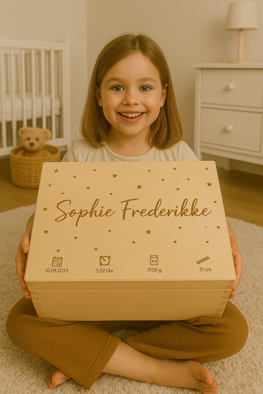 Personalisierte Erinnerungsbox Geschenk für Baby, Geburt, Taufe aus Kiefernholz (Sterne) Größe: 40x30x24cm